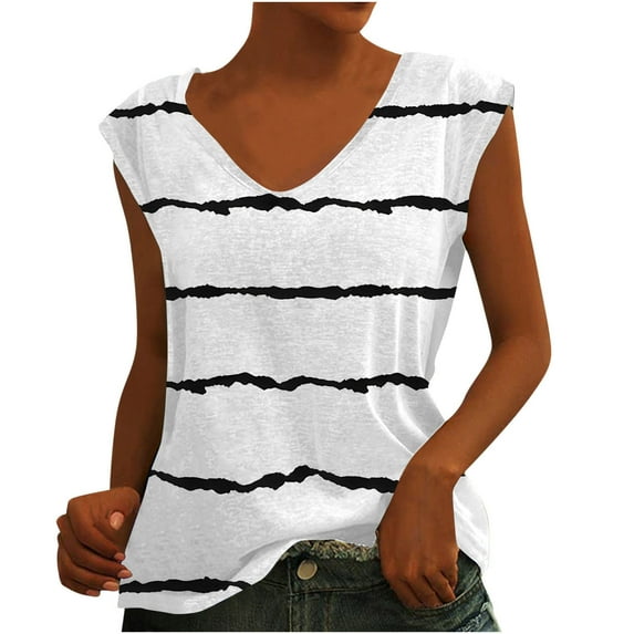 Wycnly Summer Tank Tops Striped Print V-Neck Sleeveless T Shirts for Women Ladies Fashion Lightweight Comfy Loose Vest Blouses White xxl Under $5