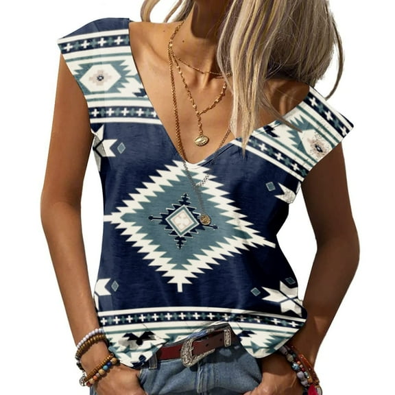 Wycnly Summer Tank Tops Western Graphics V-Neck Sleeveless T Shirts for Women Ladies Loose Fit Breathable Vintage Vest Blouses Blue m