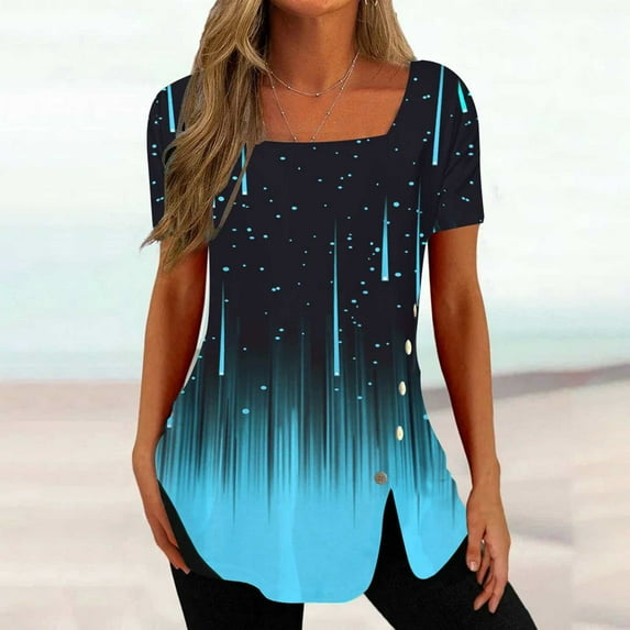 Wycnly Summer Tops for Women 2025 Trendy Summer Tunic Tops Summer Tops for Women Fashion Square Neck Floral Print Side Button Shirts Ladies Girls Lightweight Short Sleeve Slit Blouses
