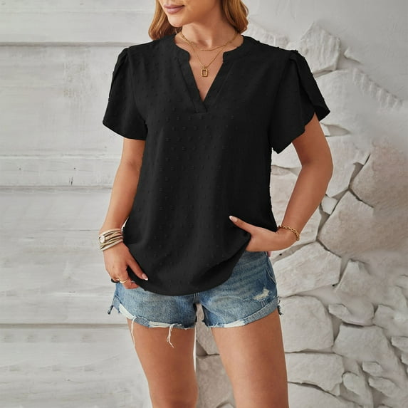 Wycnly Summer Tops for Women Blouses for Women Dressy Casual Lightweight Chiffon Jacquard Petal Sleeve Tunic Tops Fashion Solid Tees Ladies V-Neck Short Sleeve Blouses