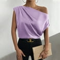 thumbnail image 1 of Wycnly Summer Tops for Women Blouses for Women Dressy Casual One Shoulder Lightweight Silky Satin Ruched Tops Trendy Solid Shirt Ladies Slash Neck Short Sleeve Shirts, 1 of 7