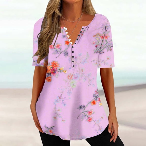 Wycnly Summer Tops for Women Cute Tops for Women Button up Lightweight Comfy Loose Hem Blouses Henley Shirt Trendy Floral T-shirt Ladies V-Neck Short Sleeve Tunic Top
