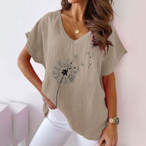 Wycnly Summer Tops for Women Cute Tops for Women Loose Breathable Comfy Cotton Linen Tees 2025 Casual Dandelion Print Tee Shirts Ladies V-Neck Short Sleeve Shirt Top