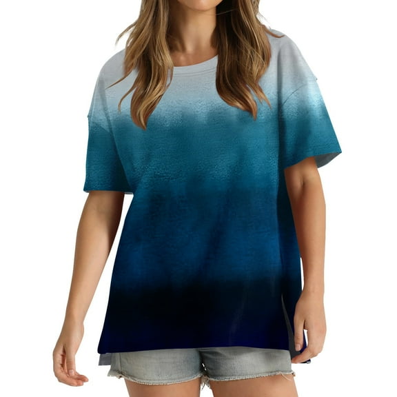 Wycnly Summer Tops for Women Cute Tops for Women Loose Fit Side Slit Irregular Swing Hem Shirts Fashion Tie-Dye Print Tee Shirts Girls Round Neck Short Sleeve Tunic Top