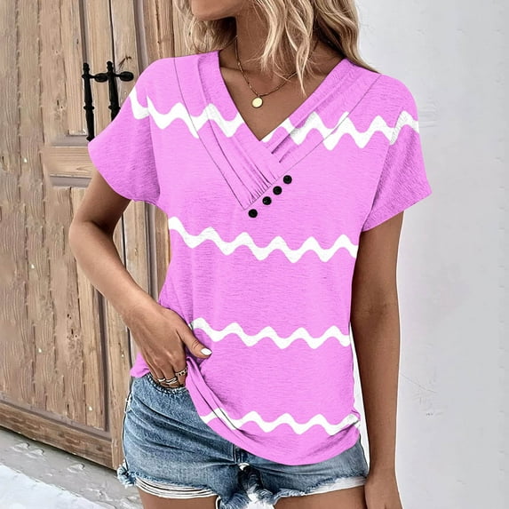 Wycnly Summer Tops for Women Going Out Tops for Women Button up Cowl Neck Comfy Breathable Tunic Tops 2024 Casual Striped Print Tees Girls V-Neck Short Sleeve Shirt Top