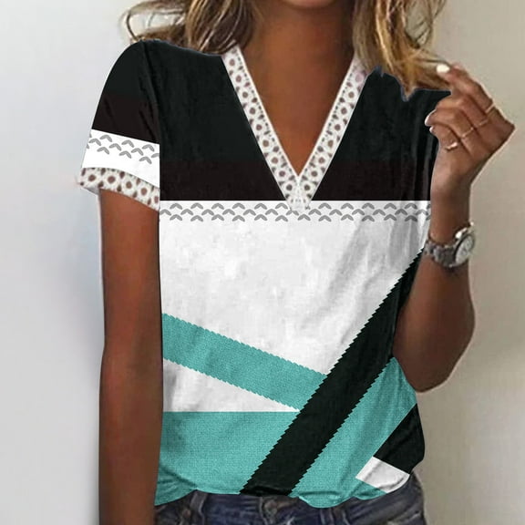 Wycnly Summer Tops for Women Shirts for Women Plus Size Lightweight Loose Lace Trim Tunic Tops Casual Geometric Print T Shirt Girls V-Neck Short Sleeve Tee Top