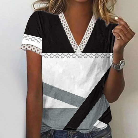 Wycnly Summer Tops for Women Shirts for Women Plus Size Lightweight Loose Lace Trim Tunic Tops Trendy Geometric Print Blouses Girls V-Neck Short Sleeve Tee Top