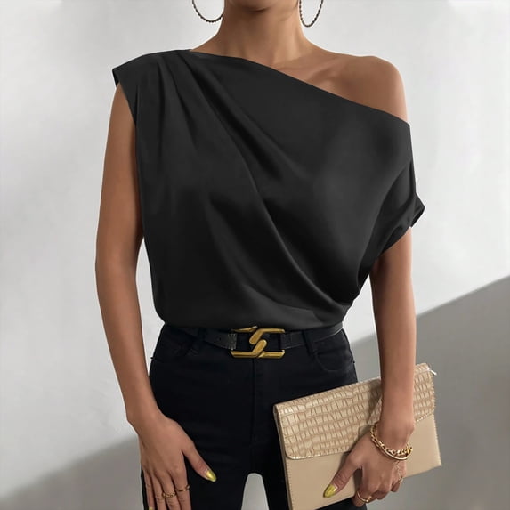 Wycnly Summer Tops for Women Summer Tops One Shoulder Lightweight Silky Satin Ruched Tops Casual Solid Top Girls Slash Neck Short Sleeve Shirts