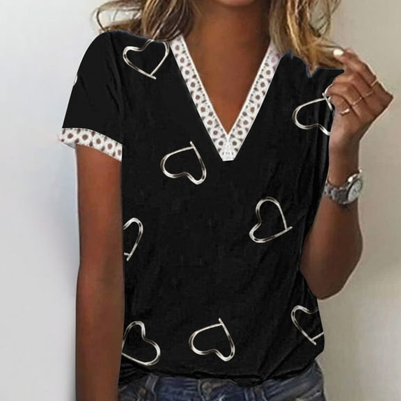 Wycnly Summer Tops for Women Summer Tops Plus Size Lightweight Loose Lace Trim Tunic Tops Trendy Heart Print T-shirt Ladies V-Neck Short Sleeve T-Shirts