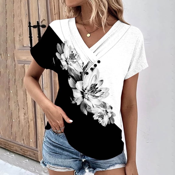 Wycnly Summer Tops for Women Summer Tops for Women Button up Cowl Neck Comfy Breathable Tunic Tops 2025 Casual Floral Print Tee Shirts Girls V-Neck Short Sleeve T-Shirts