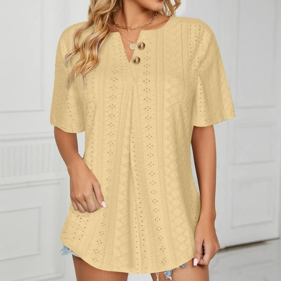 Wycnly Summer Tops for Women T Shirts for Women Loose Lightweight Comfort Button up Blouses Fashion Solid Tee Shirts Ladies V-Neck Short Sleeve Tunic Top