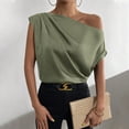 thumbnail image 1 of Wycnly Summer Tops for Women T Shirts for Women One Shoulder Lightweight Silky Satin Ruched Tops Fashion Solid Tee Tops Girls Slash Neck Short Sleeve Shirts, 1 of 7