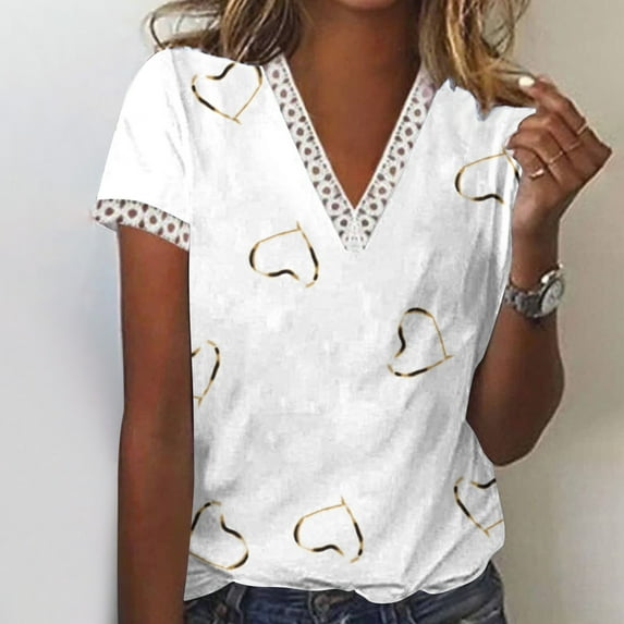 Wycnly Summer Tops for Women T Shirts for Women Plus Size Lightweight Loose Lace Trim Tunic Tops 2025 Fashion Heart Print Blouses Girls V-Neck Short Sleeve T-Shirts