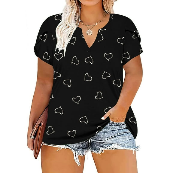 Wycnly Summer Tops for Women Tops for Women 2025 Petal Sleeve Plus Size Lightweight Hem Blouses Casual Heart Print Shirt Girls V-Neck Short Sleeve Tunic Top