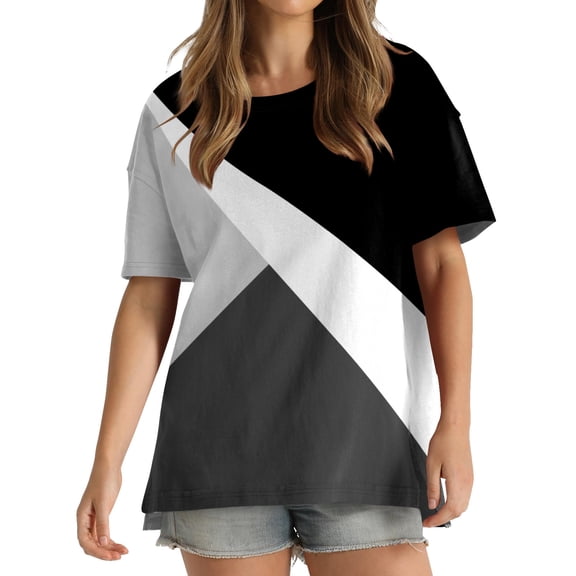 Wycnly Summer Tops for Women Tops for Women Trendy Loose Fit Side Slit Irregular Swing Hem Shirts Casual Color Block T Shirt Ladies Round Neck Short Sleeve Tunic Top