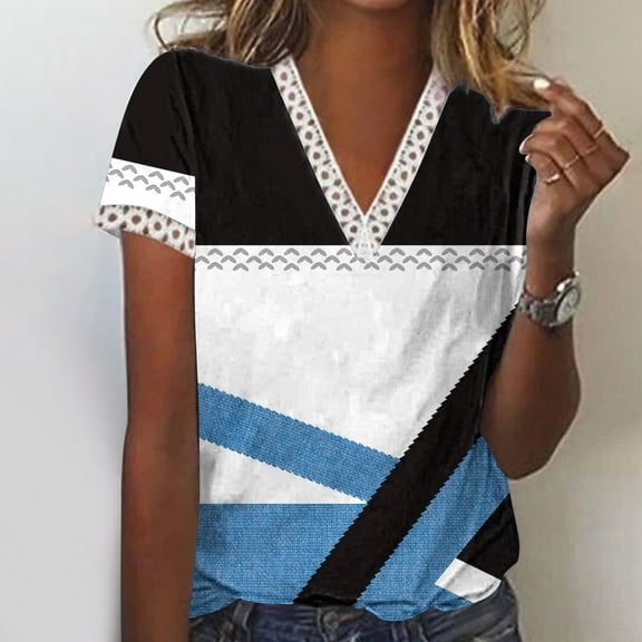 Wycnly Summer Tops for Women Tops for Women Trendy Plus Size Lightweight Loose Lace Trim Tunic Tops 2025 Casual Geometric Print Shirts Girls V-Neck Short Sleeve Tee Top