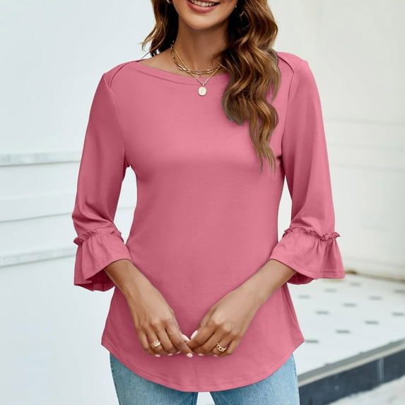 Wycnly Summer Tops for Women Womens Tops Flared Sleeve Plus Size Lightweight Comfy Pullover Blouses Casual Solid Tee Shirts Ladies Round Neck 3/4 Sleeve Tunic Top