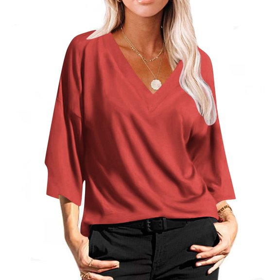 Wycnly Summer Tops for Women Shirts for Women Breathable Comfy Loose Pullover Top 2025 Fashion Solid Top Girls V-Neck 3/4 Sleeve Blouses