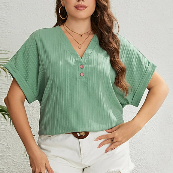 Wycnly Summer Tops for Women Womens Tops Lightweight Comfy Plus Size Button up Shirts Cute Solid Tees Ladies V-Neck Short Sleeve Blouses