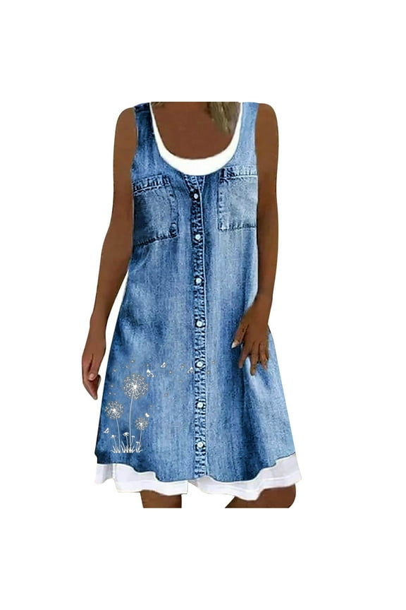 Sun Dresses Daisy Print Knee Length Women's Casual Loose Flowy Tank Sundress for Women Beach Vacation Round Neck Sleeveless Midi Summer Shirt Dress for Women