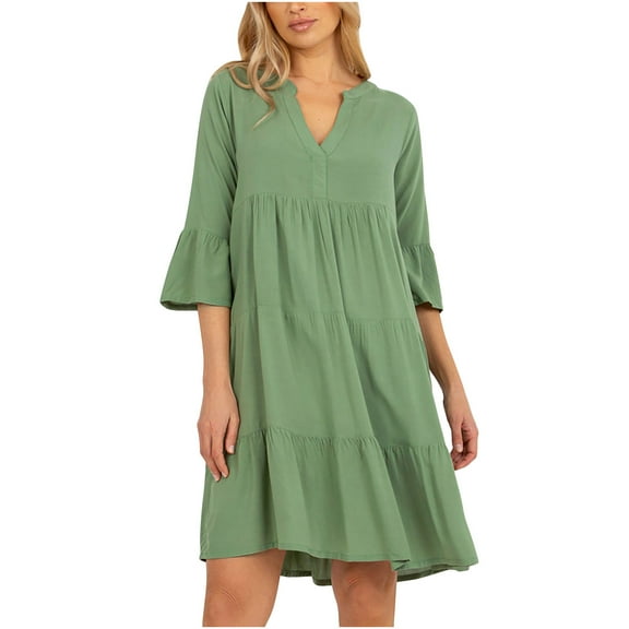 Wycnly Sundresses for Women Elbow-Length V-Neck Solid Knee-Length Dresses Casual Loose Flowy Ruffle Swing Beach Midi Sun Summer Dress Green l Under $5