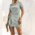 thumbnail image 1 of Wycnly Sundresses for Women Short Sleeve Crewneck Solid Mini Dresses Casual Belt Basic Ruched Wrap Tshirt Short Summer Dress Mint Green l Clearance Under $5, 1 of 5