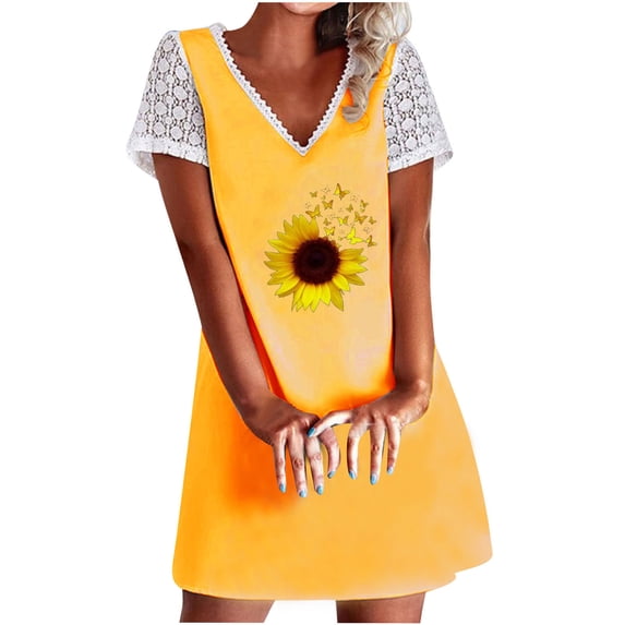 Wycnly Sundresses for Women Short Sleeve V-Neck Sunflower Print Mini Dresses Sexy Lace Trim Swing Tunic Tshirt Short Sun Summer Dress Yellow xl Clearance Under $5