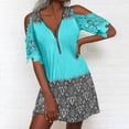 thumbnail image 1 of Wycnly Sundresses for Women Short Sleeve V-Neck Western Print Mini Dresses Quarter Zip Sexy Lace Trim Cold Shoulder Tunic Tshirt Summer Dress Sky Blue xl Clearance Under $5, 1 of 5