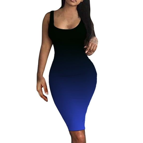 Wycnly Sundresses for Women Sleeveless Round Neck Gradient Print Midi Dresses Night Club Sexy Basic Bodycon Tank Knee-Length Summer Dress Dark Blue m Clothes