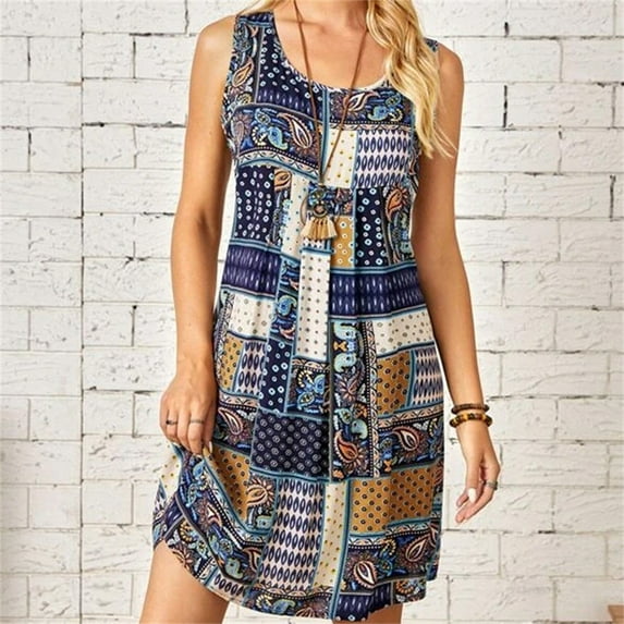 Wycnly Sundresses for Women Sleeveless Scoop Neck Western Print Short Dresses Vintage High Waist Beach Tank Tunic Mini Sun Summer Dress Blue xs Clearance Clothes