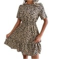 thumbnail image 1 of Wycnly Sundresses for Women Short Sleeve Round Neck Leopard Print Mini Dresses Elastic Waist Flowy Ruffle Swing A Line Summer Dress Coffee, 1 of 7