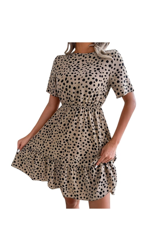 Sundresses for Women Short Sleeve Round Neck Leopard Print Mini Dresses Elastic Waist Flowy Ruffle Swing A Line Summer Dress Coffee