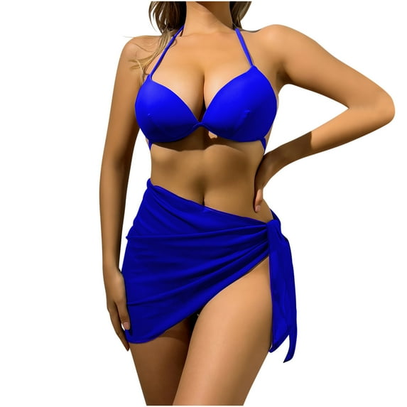 Wycnly Swimsuits for Women Three Piece Swimsuits for Women Womens Bathing Suit Bikini Set Sexy Deep V Neck Push up Bikini with Trunks and Skirt Cover up Girls Summer Swimwear Sets