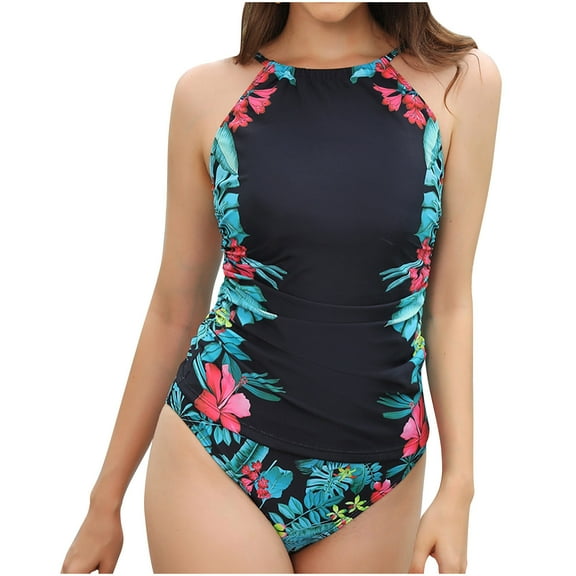 Wycnly Swimsuits for Women Two Piece Swimsuits for Women Womens Bathing Suit Tankini Set Beach Pool Party Fashion Floral Print Modest Swimwear Ladies Girls Summer Slim Bathing Suit
