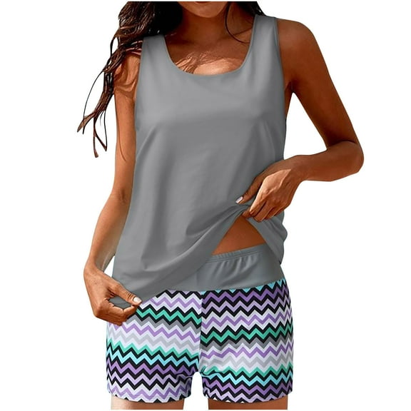 Wycnly Swimsuits for Women Two Piece Swimsuits for Women Womens Bathing Suit Tankini Set Summer Hawaiian Beach Fashion Striped Print Tank Top Swimwear with High Waist Boyshorts