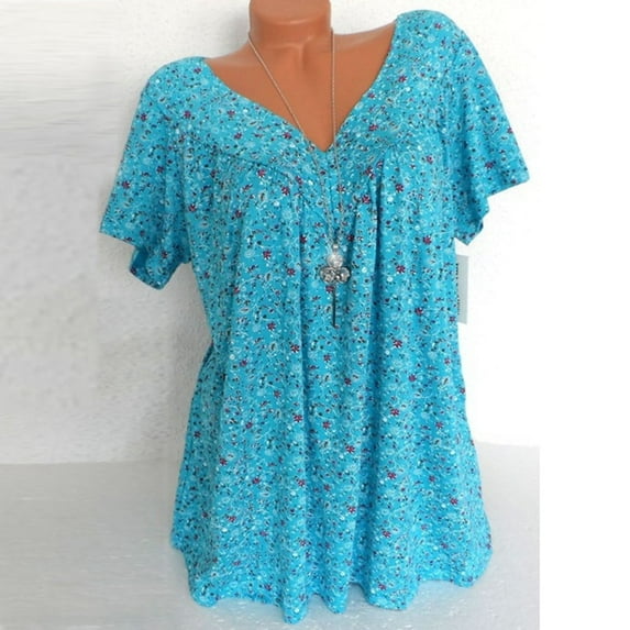 Wycnly T Shirts for Women Summer Tops Womens Plus Size Tops V Neck Short Sleeve Fashion Floral Print Summer Shirts Ladies Girls Going out Pleated Hem Blouses