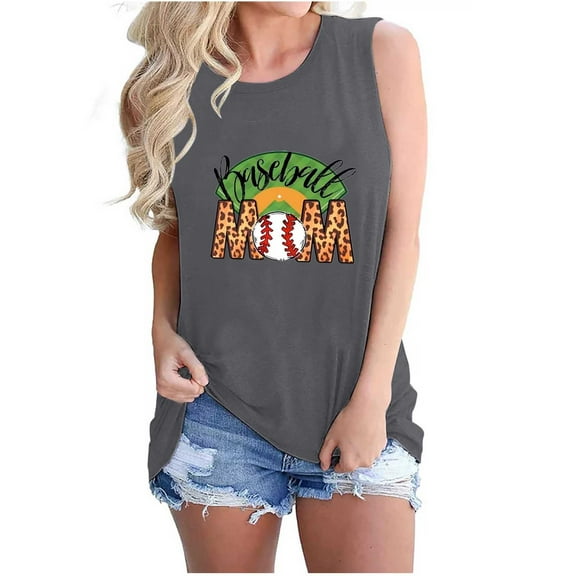 Wycnly Tank Top for Women Baseball Mom Letter Print Summer Crewneck Sleeveless T Shirts Vintage Leopard Loose Fit Mother's Day Vest Blouses Gray s Under $5