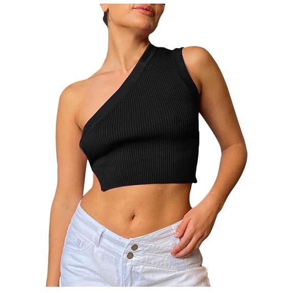 Wycnly Tank Top for Women Plain Summer Slash Neck Sleeveless T Shirts Ladies Solid One Shoulder Knitted Ribbed Cropped Tops Vest Black m Clearance Under $5