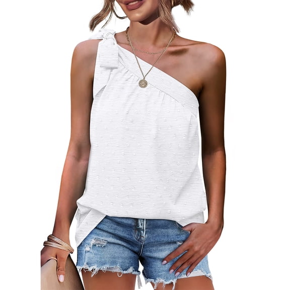 Wycnly Tank Top for Women Solid Slash Neck Sleeveless T Shirts Summer Tie One Shoulder Lightweight Chiffon Jacquard Vest Blouses White S Clothes
