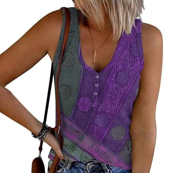 Wycnly Tank Top for Women Summer Tops Plus Size Button up Slim Knitted Ribbed Tank Tops Casual Ethnic Style Print Sleeveless T Shirts Girls Sleeveless Shirt
