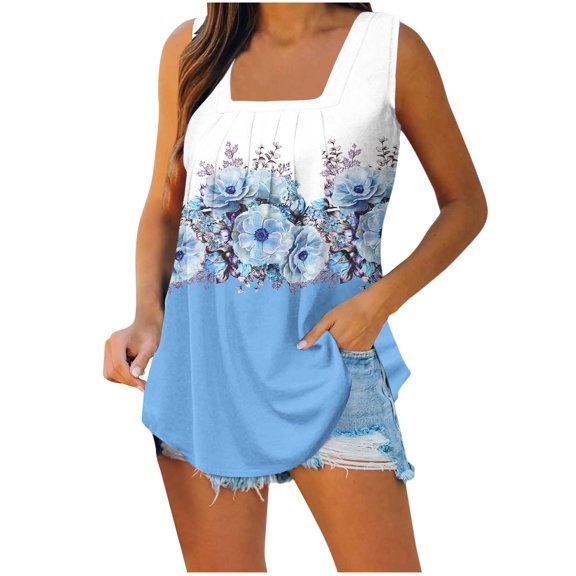 Wycnly Tank Top for Women Summer Tops for Women 2025 Pleated Loose Swing Comfy Lightweight Tank Blouses Fashion Floral Print Sleeveless Shirts Girls Sleeveless Shirt