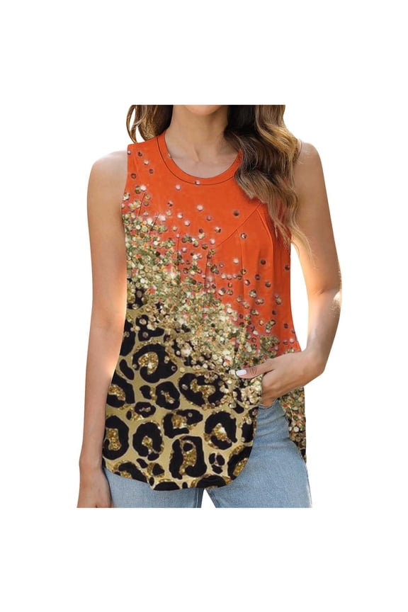 Tank Top for Women Summer Tops for Women Lightweight Loose Fit Pleated Hem Tunic Blouses Trendy Leopard Print Sleeveless Tee Shirts Girls Sleeveless Shirt