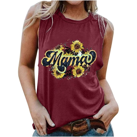 Wycnly Tank Top for Women Sunflower Graphics Summer Round Neck Sleeveless T Shirts Fashion MAMA Letter Print Loose Breathable Vest Blouses Wine l Under $5
