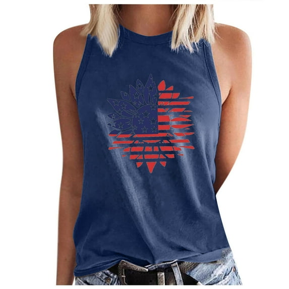 Wycnly Tank Top for Women Sunflower Print Summer Crewneck Sleeveless T Shirts 4th July Independence Day Loose Fit Comfy Racerback Vest Blouses Navy xl Clearance Under $5