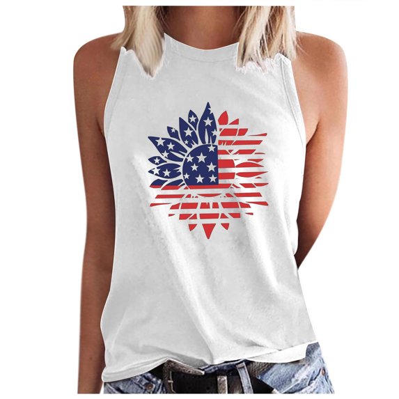 Wycnly Tank Top for Women Sunflower Print Summer Crewneck Sleeveless T Shirts 4th July Independence Day Loose Fit Comfy Racerback Vest Blouses White xl Clearance Under $5