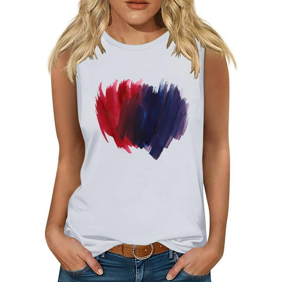 Wycnly Tank Top for Women Tank Top Independence Day Loose Fourth of July Patriotic Shirts Trendy Heart Print Sleeveless Shirts Ladies Sleeveless Shirt