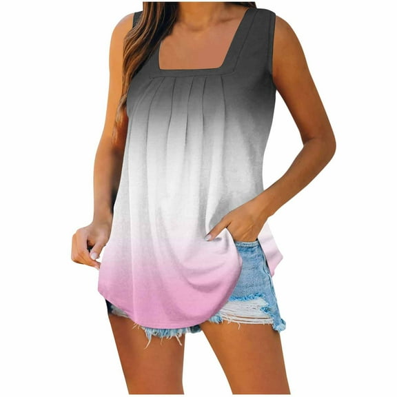 Wycnly Tank Top for Women Tank Top for Women Pleated Loose Swing Comfy Lightweight Tank Blouses Fashion Gradient Print Sleeveless Shirts Ladies Sleeveless Shirt