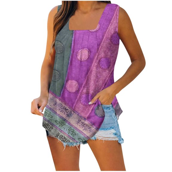 Wycnly Tank Top for Women Tank Tops Vintage Western Graphics Pleated Swing Tank Shirts 2025 Casual Ethnic Style Print Sleeveless Shirts Ladies Sleeveless Shirt