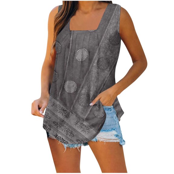 Wycnly Tank Top for Women Tank Tops Women Vintage Western Graphics Pleated Swing Tank Shirts Casual Ethnic Style Print Sleeveless Blouses Girls Sleeveless Shirt