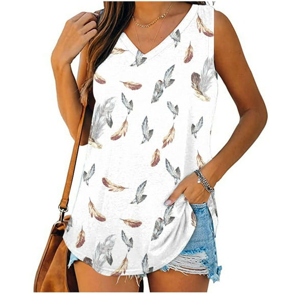 Wycnly Tank Top for Women Womens Summer Tops Loose Fit Comfy Breathable Sports Workout Tee Tanks Trendy Feather Print Sleeveless T Shirt Ladies Sleeveless Shirt